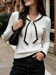 Cévolie Women's Colorblock Casual Elegant Versatile Daily Wear Long Sleeve Sweater Office Brunch White And Black Fall Autumn - Black and White - View 6