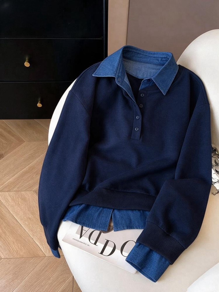 INAWLY Women's Colorblock Casual Versatile Daily Wear Long Sleeve Sweatshirt - Royal Blue - View 6