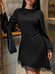 SHEIN Women's Round Neck Lace Trim Flared Sleeve Fitted Waist Ruched Black Short Bodycon Dress - Black - View 4
