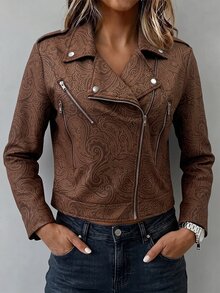 SHEIN Holidaya Women's Fall/Winter Commute Retro Brown Allover Pattern Lapel Jacket, Diagonal Zip Crop Moto Coat,Chic Occasion Wear For Daily Commute Party Going Out - Brown - View 9