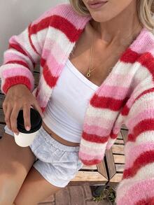 SHEIN Autumn Winter Women Gradient Stripe Knit Cardigan Open V Neck Puff Sleeve Cropped Sweater Sweet Color Block Loose French Cute Casual Boho Brunch - Multicolor - View 5