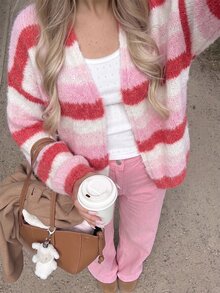 SHEIN Autumn Winter Women Gradient Stripe Knit Cardigan Open V Neck Puff Sleeve Cropped Sweater Sweet Color Block Loose French Cute Casual Boho Brunch - Multicolor - View 6