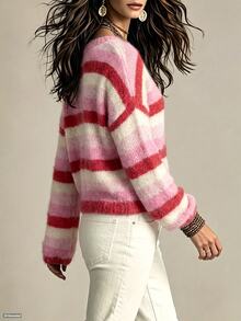 SHEIN Autumn Winter Women Gradient Stripe Knit Cardigan Open V Neck Puff Sleeve Cropped Sweater Sweet Color Block Loose French Cute Casual Boho Brunch - Multicolor - View 8