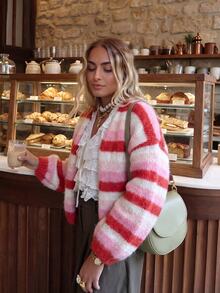 SHEIN Autumn Winter Women Gradient Stripe Knit Cardigan Open V Neck Puff Sleeve Cropped Sweater Sweet Color Block Loose French Cute Casual Boho Brunch - Multicolor - View 4