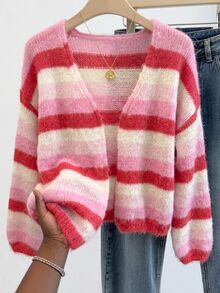 SHEIN Autumn Winter Women Gradient Stripe Knit Cardigan Open V Neck Puff Sleeve Cropped Sweater Sweet Color Block Loose French Cute Casual Boho Brunch - Multicolor - View 9