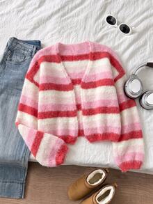 SHEIN Autumn Winter Women Gradient Stripe Knit Cardigan Open V Neck Puff Sleeve Cropped Sweater Sweet Color Block Loose French Cute Casual Boho Brunch - Multicolor - View 7