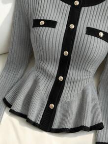Muvela Women's Ribbed Knit Cardigan With Contrasting Trim, Gold Buttons, Slim-Fit Long-Sleeved Sweater, Autumn Top.Women Fall Winter Sweater - Grey - View 5