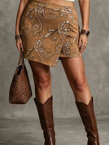 Ceyna Plus Size Women's French Casual Elegant Embroidered Print Skirt - Coffee Brown - View 3