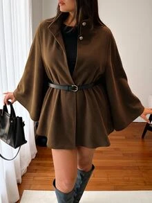 Vionelle Plus Size Women's French Casual Elegant High Neck Long Sleeve Wool Blend Winter - Coffee Brown - View 3