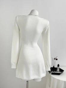 Elamini Minimalist Women's Autumn/Winter White Long Sleeve Cable Knit Fitted Sweater Dress - White - View 2