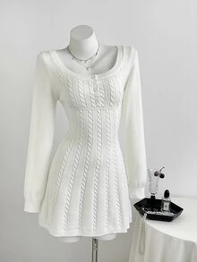 Elamini Minimalist Women's Autumn/Winter White Long Sleeve Cable Knit Fitted Sweater Dress - White - View 1