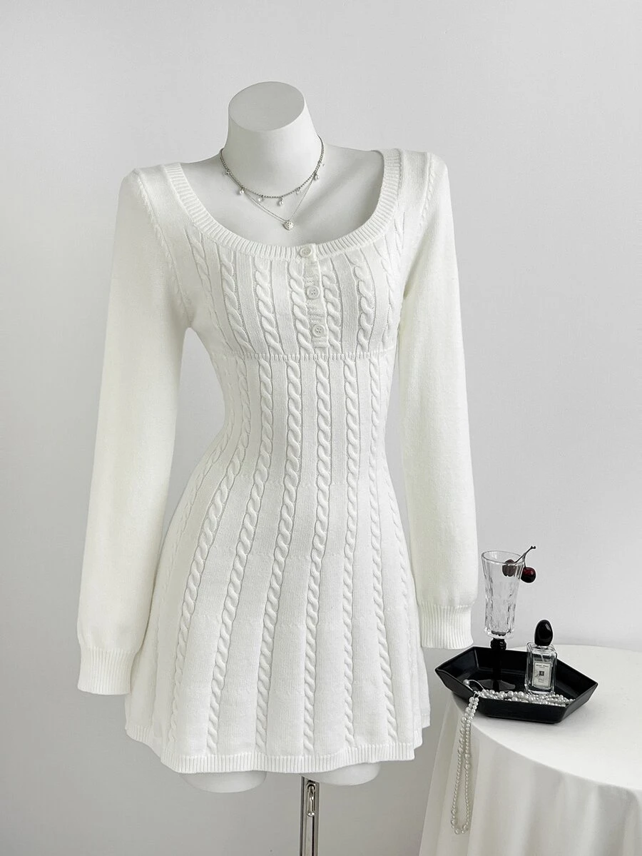 Elamini Minimalist Women's Autumn/Winter White Long Sleeve Cable Knit Fitted Sweater Dress - White - View 1