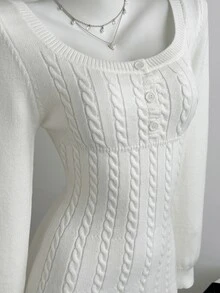 Elamini Minimalist Women's Autumn/Winter White Long Sleeve Cable Knit Fitted Sweater Dress - White - View 5