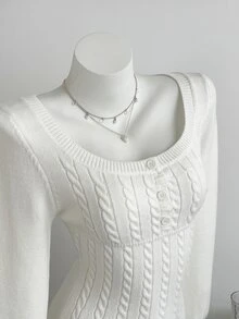 Elamini Minimalist Women's Autumn/Winter White Long Sleeve Cable Knit Fitted Sweater Dress - White - View 3