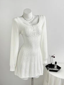 Elamini Minimalist Women's Autumn/Winter White Long Sleeve Cable Knit Fitted Sweater Dress - White - View 4