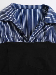 Sweetra Sweet Elegant Slim Fit Patchwork Striped Shirt With Contrast Color Lapel Design, Early Autumn Long Sleeve Casual Versatile Blouse For Women - Multicolor - View 6
