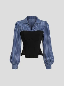 Sweetra Sweet Elegant Slim Fit Patchwork Striped Shirt With Contrast Color Lapel Design, Early Autumn Long Sleeve Casual Versatile Blouse For Women - Multicolor - View 4