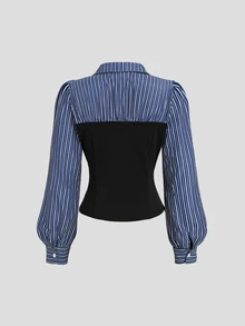 Sweetra Sweet Elegant Slim Fit Patchwork Striped Shirt With Contrast Color Lapel Design, Early Autumn Long Sleeve Casual Versatile Blouse For Women - Multicolor - View 3