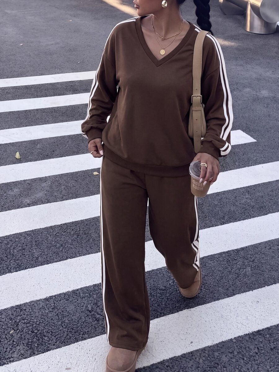SHEIN EZwear 大尺碼女款條紋V領長袖運動衫與長褲休閒兩件套 秋季 - 棕色 - 查看 1