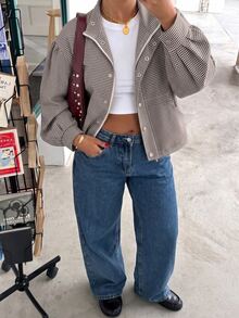 Muchica 大尺碼女款細格紋長袖立領鈕扣裝飾休閒夾克 - 彩色 - 查看 5