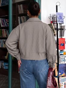 Muchica 大尺碼女款細格紋長袖立領鈕扣裝飾休閒夾克 - 彩色 - 查看 2
