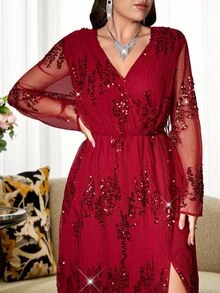 Reflora Plus Size Women Solid Color Sequin V-Neck Contrast Mesh Long Sleeve Elegant Dress Dinner Formal Red Autumn - Red - View 4