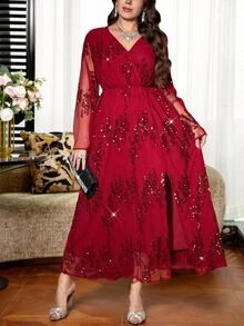 Reflora Plus Size Women Solid Color Sequin V-Neck Contrast Mesh Long Sleeve Elegant Dress Dinner Formal Red Autumn - Red - View 6