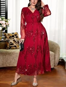 Reflora Plus Size Women Solid Color Sequin V-Neck Contrast Mesh Long Sleeve Elegant Dress Dinner Formal Red Autumn - Red - View 3
