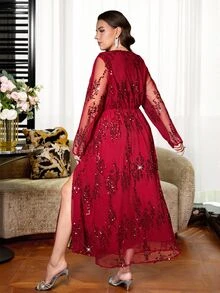 Reflora Plus Size Women Solid Color Sequin V-Neck Contrast Mesh Long Sleeve Elegant Dress Dinner Formal Red Autumn - Red - View 2