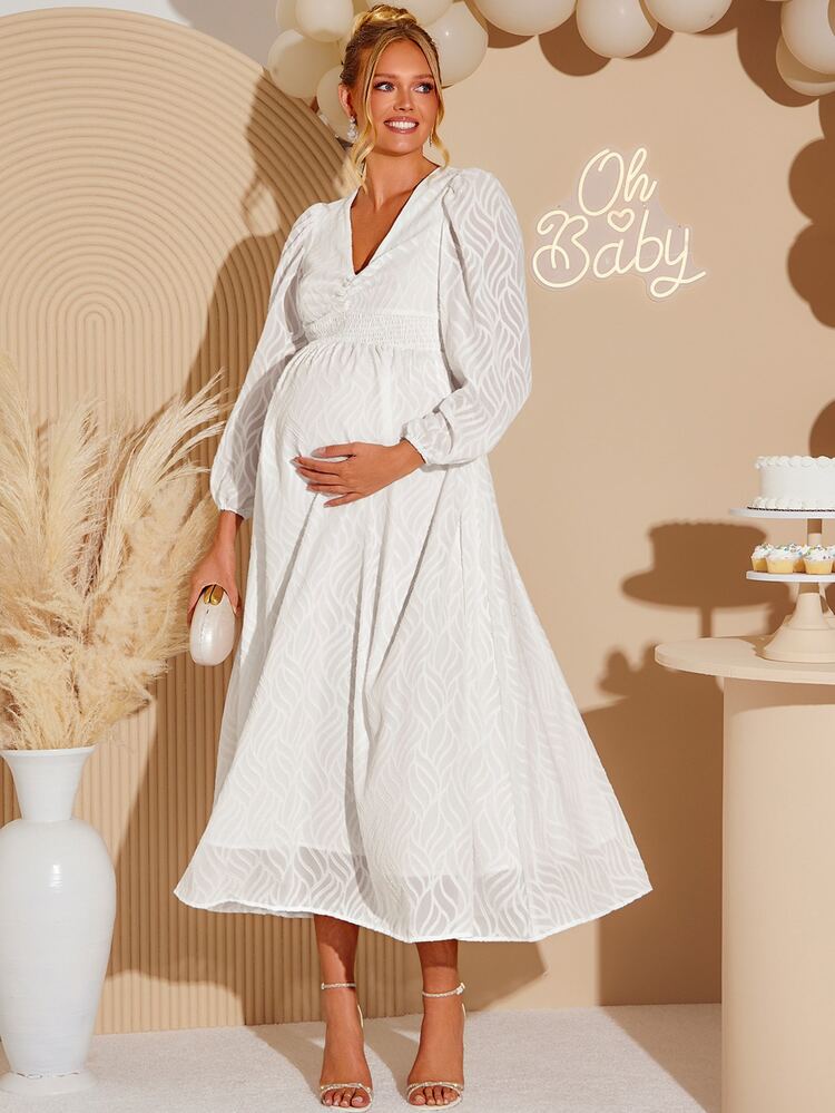 Loomaby Elegant Sexy Chic Solid Color Textured Maternity Party Photoshoot Dress,Gender Reveal Dress,Maternity Dress,Baby Shower Dress Autumn Wedding White - White - View 4