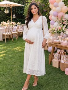 Loomaby Elegant Sexy Chic Solid Color Textured Maternity Party Photoshoot Dress,Gender Reveal Dress,Maternity Dress,Baby Shower Dress Autumn Wedding White - White - View 1