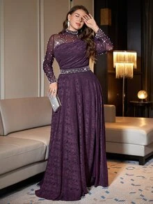 SHEIN Clasi Plus Size Dark Purple High Elasticity Party Dinner Formal Cocktail Evening Shiny Pearl Slit Dress Autumn Elegant Wedding - Purple - View 7