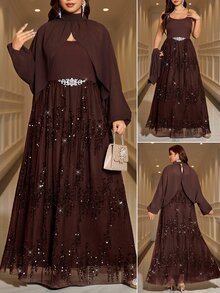Reflora طقم نسائي مقاس كبير من قطعتين، خريف وشتاء وربيع، أنيق رسمي، بني مع حافة دانتيل، حفلة وعشاء ومساء وزفاف - بني - مشاهدة 2