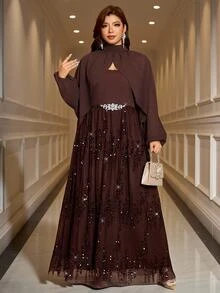 Reflora طقم نسائي مقاس كبير من قطعتين، خريف وشتاء وربيع، أنيق رسمي، بني مع حافة دانتيل، حفلة وعشاء ومساء وزفاف - بني - مشاهدة 5
