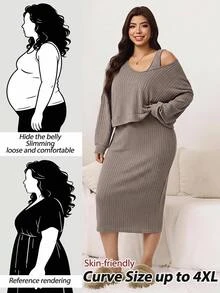 SHEIN LUNE Plus Size Autumn Casual Baggy Top Dress 2 Pieces Set Formal Vacation Home Wear Brown - Khaki - View 1