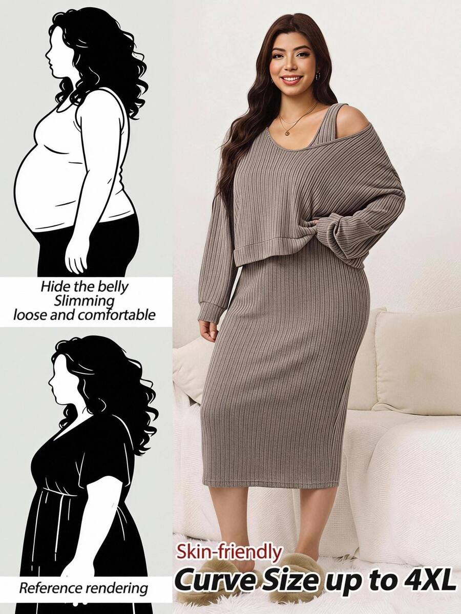 SHEIN LUNE Plus Size Autumn Casual Baggy Top Dress 2 Pieces Set Formal Vacation Home Wear Brown - Khaki - View 1