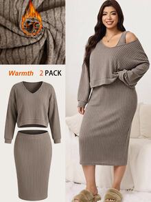 SHEIN LUNE Plus Size Autumn Casual Baggy Top Dress 2 Pieces Set Formal Vacation Home Wear Brown - Khaki - View 11