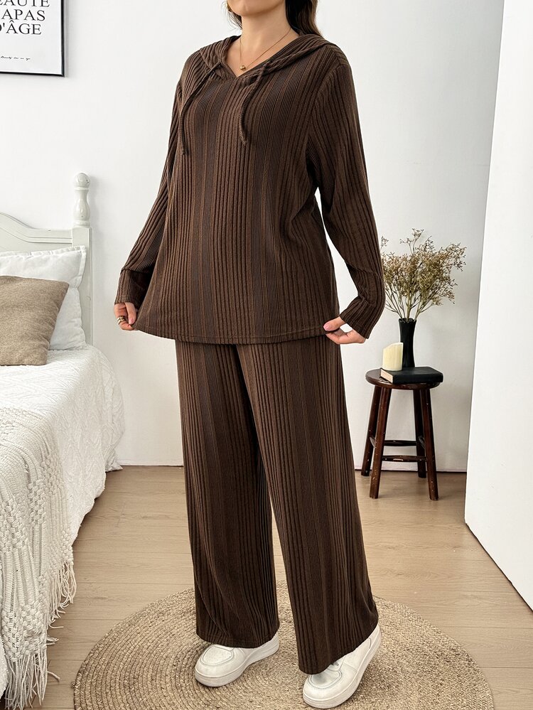 SHEIN LUNE طقم كاجوال من قطعتين هودي وبنطلون بلون سادة مقاس كبير للخريف والشتاء - قهوة بني - مشاهدة 3