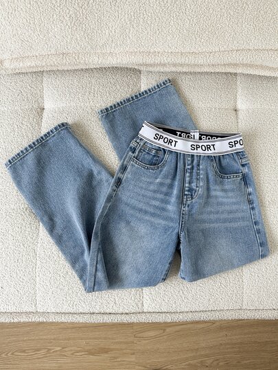 SHEIN Girls' Fashion Contrast Letter Elastic Waist Design Casual All-Match Versatile Comfortable Soft Loose Straight Leg Washed Denim Jeans, Selected Soft Cotton Material With Shape, Suitable For Daily Wear, School, Vacation, Thanksgiving, Christmas Or Autumn Back To School Season