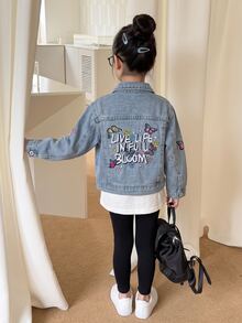 Girls' Light Blue Washed Denim Jacket, Butterfly Floral Letter Embroidery, Lapel Button Front Cardigan, Long Sleeve Loose Fit Sweet Casual Jacket, Suitable For Back To School, Daily Play, Family Outings, Spring And Autumn Wear - Blue - View 10