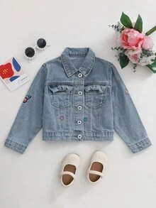 Girls' Light Blue Washed Denim Jacket, Butterfly Floral Letter Embroidery, Lapel Button Front Cardigan, Long Sleeve Loose Fit Sweet Casual Jacket, Suitable For Back To School, Daily Play, Family Outings, Spring And Autumn Wear - Blue - View 2