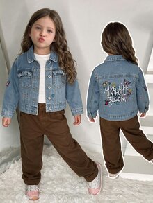 Girls' Light Blue Washed Denim Jacket, Butterfly Floral Letter Embroidery, Lapel Button Front Cardigan, Long Sleeve Loose Fit Sweet Casual Jacket, Suitable For Back To School, Daily Play, Family Outings, Spring And Autumn Wear - Blue - View 3