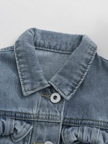 Girls' Light Blue Washed Denim Jacket, Butterfly Floral Letter Embroidery, Lapel Button Front Cardigan, Long Sleeve Loose Fit Sweet Casual Jacket, Suitable For Back To School, Daily Play, Family Outings, Spring And Autumn Wear - Blue - View 5