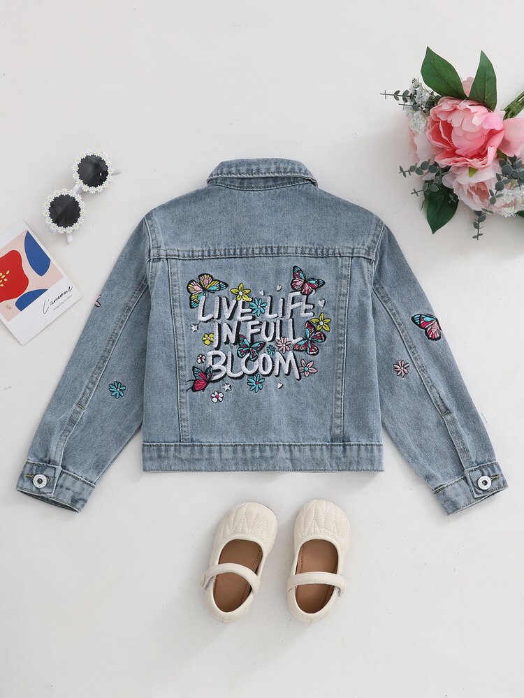 Girls' Light Blue Washed Denim Jacket, Butterfly Floral Letter Embroidery, Lapel Button Front Cardigan, Long Sleeve Loose Fit Sweet Casual Jacket, Suitable For Back To School, Daily Play, Family Outings, Spring And Autumn Wear - Blue - View 4