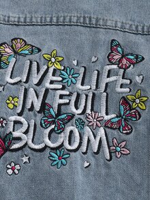 Girls' Light Blue Washed Denim Jacket, Butterfly Floral Letter Embroidery, Lapel Button Front Cardigan, Long Sleeve Loose Fit Sweet Casual Jacket, Suitable For Back To School, Daily Play, Family Outings, Spring And Autumn Wear - Blue - View 6