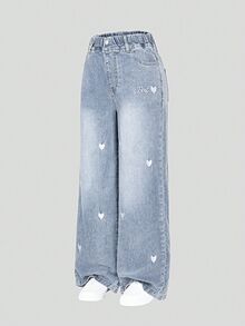 SHEIN Tween Girls Denim Jeans,Light Blue And White Heart Embroidery,Loose Wide Leg Soft Comfortable Pants For School,Back-To-School,Autumn,Cute,All Season - Blue - View 5