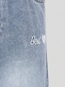 SHEIN Tween Girls Denim Jeans,Light Blue And White Heart Embroidery,Loose Wide Leg Soft Comfortable Pants For School,Back-To-School,Autumn,Cute,All Season - Blue - View 7