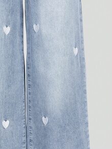 SHEIN Tween Girls Denim Jeans,Light Blue And White Heart Embroidery,Loose Wide Leg Soft Comfortable Pants For School,Back-To-School,Autumn,Cute,All Season - Blue - View 6
