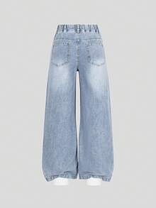 SHEIN Tween Girls Denim Jeans,Light Blue And White Heart Embroidery,Loose Wide Leg Soft Comfortable Pants For School,Back-To-School,Autumn,Cute,All Season - Blue - View 3