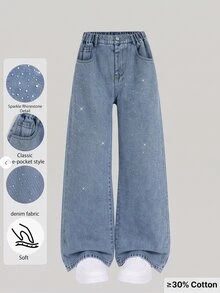 Teen Girl Y2K Style Urban Street Vibe, Sequin And Rhinestone Decor Details, Comfortable Asymmetric Elastic Waist Wide Leg Jeans, Back To School, Daily Essential - Medium Wash - View 3